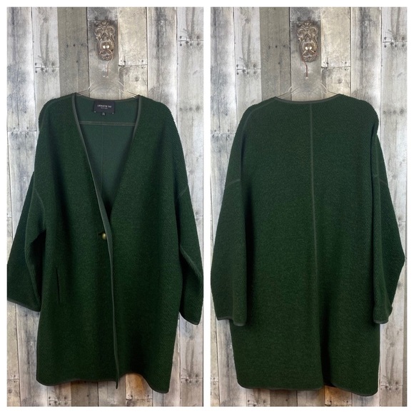 Lafayette 148 New York Wool Long Coat With Leather Trim in Hunter Green Size XL. - Picture 9 of 10